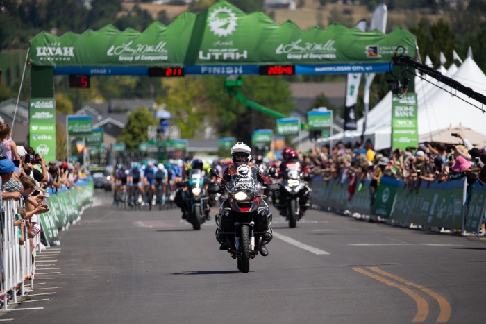 Motor Services Coordinator / Marshall 2, Steve Johnson rides through the Start/Finish at 5 to go of the circuit at the end of Stage 1. Photo: Cathy Fegan-Kim