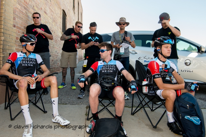 Hagens Berman Axeon chillin' before the start of Stage 2 - Brigham City to Powder Mountain Resort, 2019 LHM Tour of Utah (Photo by Dave Richards, daverphoto.com)