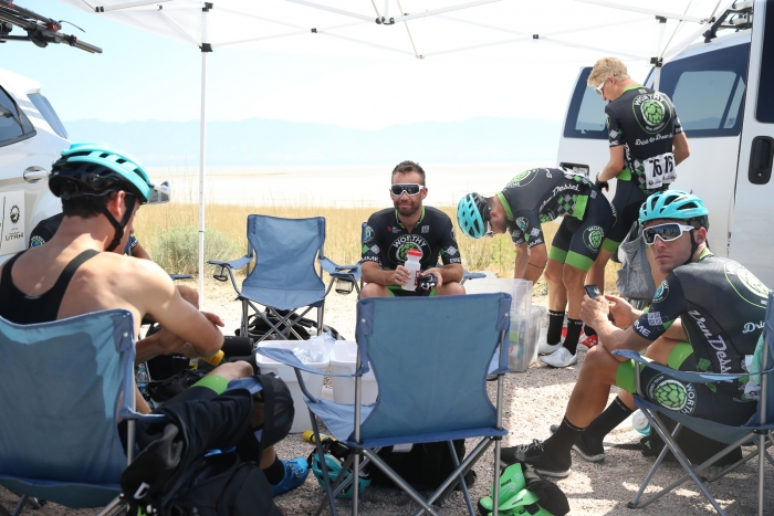 Jonathan Clarke and his team chills before the stage start. Stage 3 of the 2019 Tour of Utah. Photo by Cathy Fegan-Kim