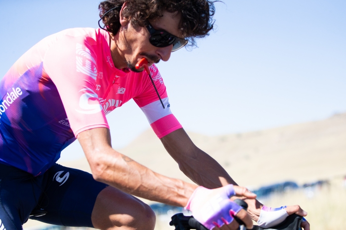 Lachlan Morton (EF Education First) rides with a tool in his mouth after he makes small adjustments to his bike. Stage 3 of the 2019 Tour of Utah. Photo by Cathy Fegan-Kim