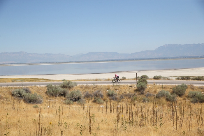 EF Edcuation First rider attacks the field early on Antelope Island. Stage 3 of the 2019 Tour of Utah. Photo by Cathy Fegan-Kim