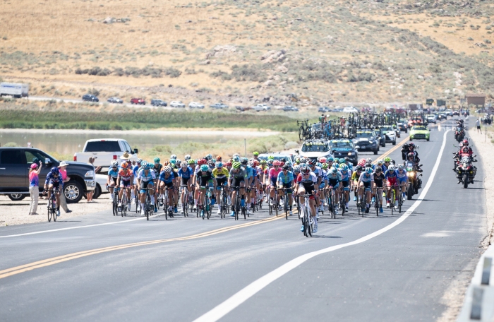 The peloton hits the causeway. Stage 3 of the 2019 Tour of Utah. Photo by Cathy Fegan-Kim