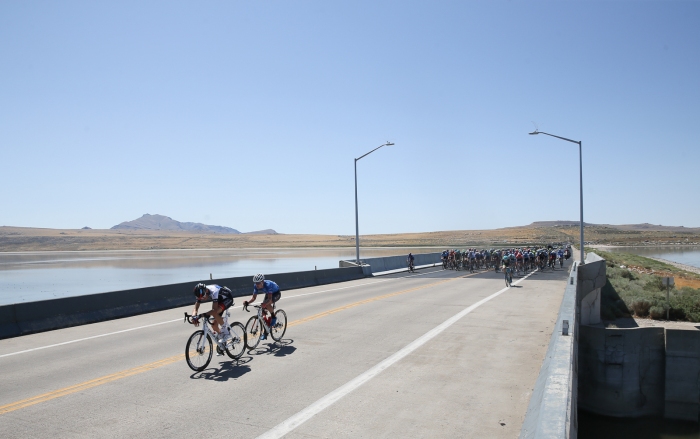Axeon and Rally riders initiates a break on the causeway. Stage 3 of the 2019 Tour of Utah. Photo by Cathy Fegan-Kim