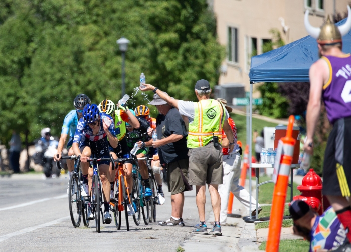 The break cool off with water hand ups. Stage 3 of the 2019 Tour of Utah. Photo by Cathy Fegan-Kim