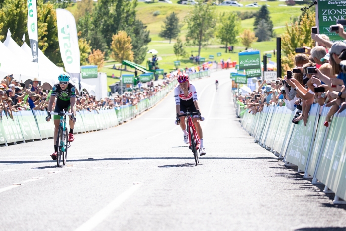 A photo finish for 3rd place - Niklas EG (Trek Segafredo) takes it by a hair from Keegan Swirbul (Worthy Pro Cycling). Stage 3 of the 2019 Tour of Utah. Photo by Cathy Fegan-Kim