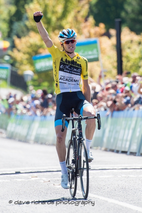 Fist raised in victory, Ben Hermans (Israel Cycling Academy)  celebrates winning Stage 3 - Antelope Island State Park to North Salt Lake City, 2019 LHM Tour of Utah (Photo by Dave Richards, daverphoto.com)