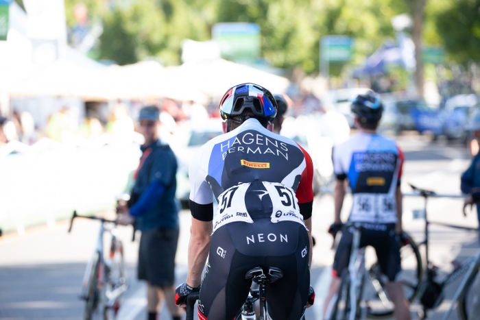 Another hot day calls for ice socks and the hunch back look. Stage 4, 2019 Tour of Utah. Photo by Cathy Fegan-Kim