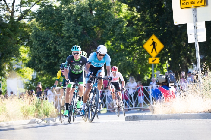 The first corner onto the circuit. Stage 4, 2019 Tour of Utah. Photo by Cathy Fegan-Kim