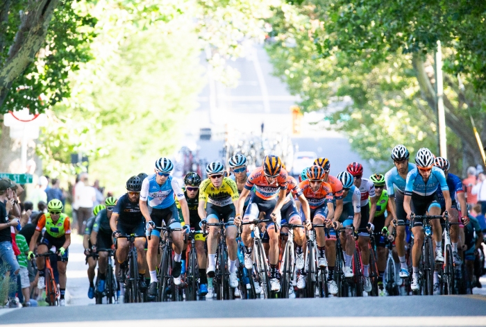 The yellow jersey stays near the front to stay out of trouble. Stage 4, 2019 Tour of Utah. Photo by Cathy Fegan-Kim