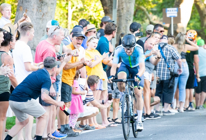 Hayden McCormick of Team BridgeLane  attacks the hill going into last lap and wins the Most Aggressive Jersey. Stage 4, 2019 Tour of Utah. Photo by Cathy Fegan-Kim