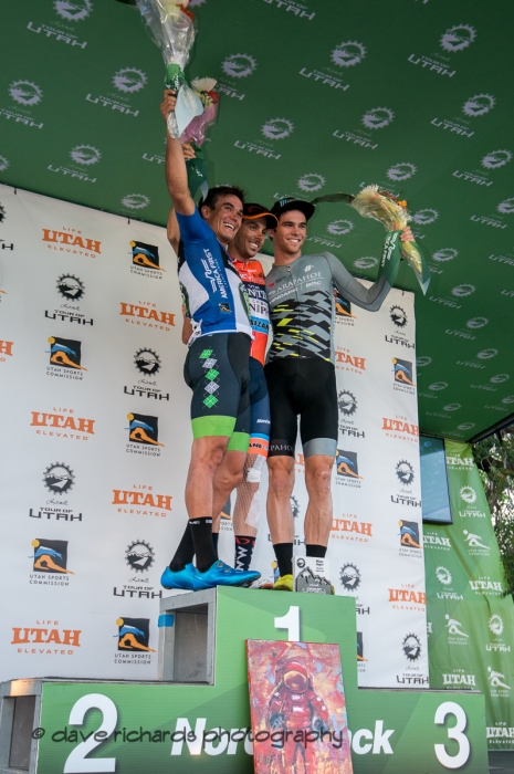 Stage 4 podium L-R: Travis McCabe (Worthy Pro Cycling), Marco Canola (NIPPO-Vini Fantini-Faizanè), Brendan Rhim (ARAPAHOE|HINCAPIE POWERED BY BMC). Stage 4 - Salt Lake City Circuit Race, 2019 LHM Tour of Utah (Photo by Dave Richards, daverphoto.com)