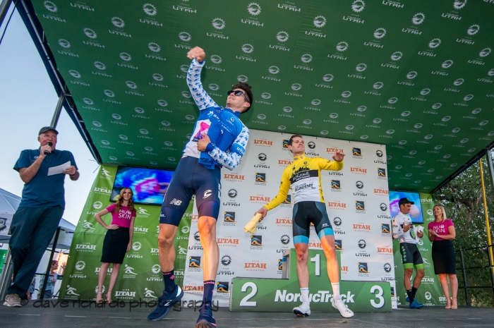 Jersey Leaders are hucking t-shirts out to the fans after Stage 4 - Salt Lake City Circuit Race, 2019 LHM Tour of Utah (Photo by Dave Richards, daverphoto.com)