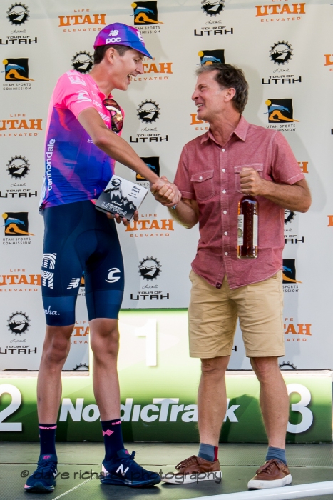 Jeff Robins, DEO Utah Sports Commission congratulates Joe Dombrowski (EF Education First) on his Stage 6 win. 2019 LHM Tour of Utah (Photo by Dave Richards, daverphoto.com)