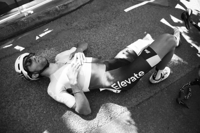 James Piccoli (2nd GC, Elevate KHS) collapses after an epic effort.