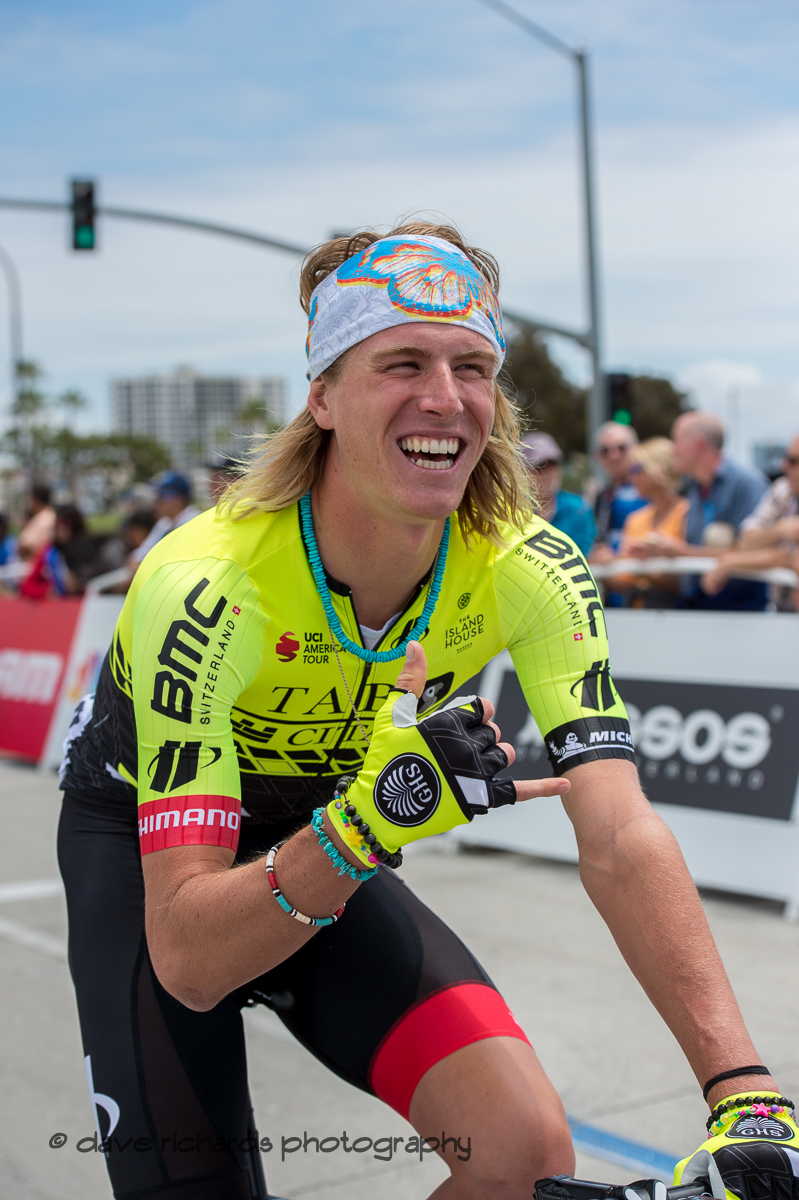 TJ Eisenhart rolls in for the rider sign in at Men's Stage One in Long Beach, 2018 Amgen Tour of California cycling race (Photo by Dave Richards, daverphoto.com)