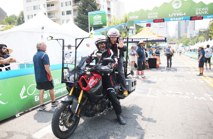 Mobile announcer, Chad Andrews and his pilot before the start. 2018 Tour of Utah Stage 4, August 8, 2018, Salt Lake City, Utah. Photo by Cathy Fegan-Kim, cottonsoxphotography.net