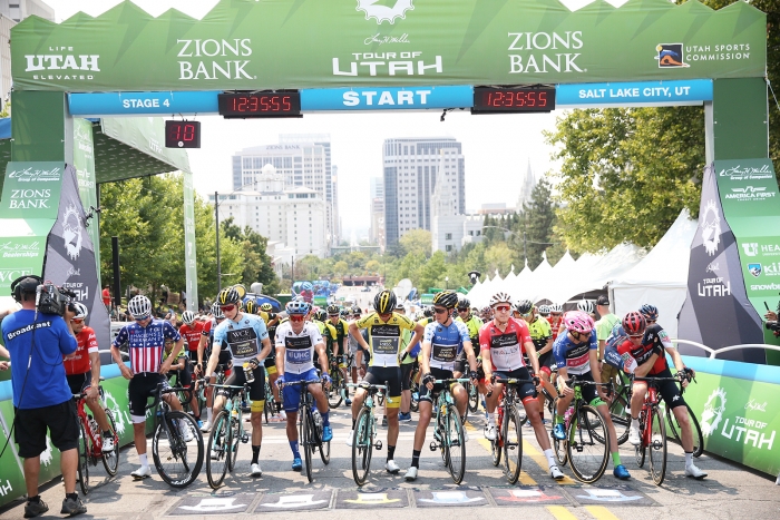 Start line and the call ups. 2018 Tour of Utah Stage 4, August 8, 2018, Salt Lake City, Utah. Photo by Cathy Fegan-Kim, cottonsoxphotography.net