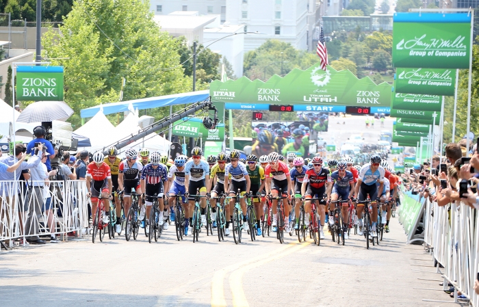 Start of the 10 lap circuit. 2018 Tour of Utah Stage 4, August 8, 2018, Salt Lake City, Utah. Photo by Cathy Fegan-Kim, cottonsoxphotography.net
