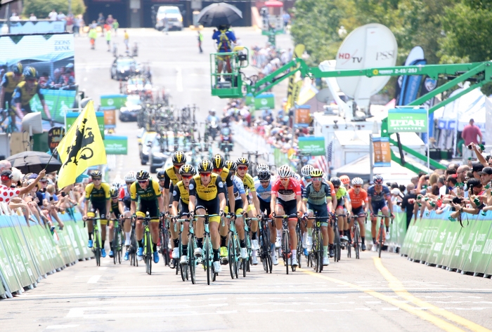 The peloton heads up the super steep Start/Finish climb. 2018 Tour of Utah Stage 4, August 8, 2018, Salt Lake City, Utah. Photo by Cathy Fegan-Kim, cottonsoxphotography.net