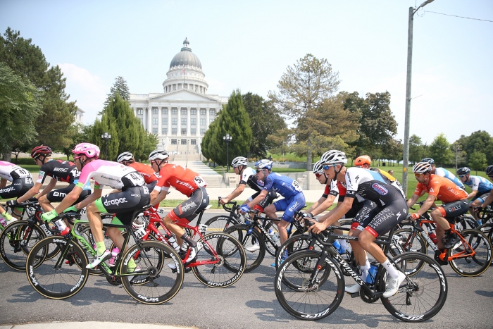 The peloton raced around the Capitol.  2018 Tour of Utah Stage 4, August 8, 2018, Salt Lake City, Utah. Photo by Cathy Fegan-Kim, cottonsoxphotography.net