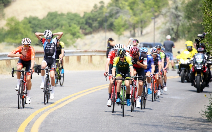 The break gets ice socks and some talks to there DSs via race radio. 2018 Tour of Utah Stage 4, August 8, 2018, Salt Lake City, Utah. Photo by Cathy Fegan-Kim, cottonsoxphotography.net
