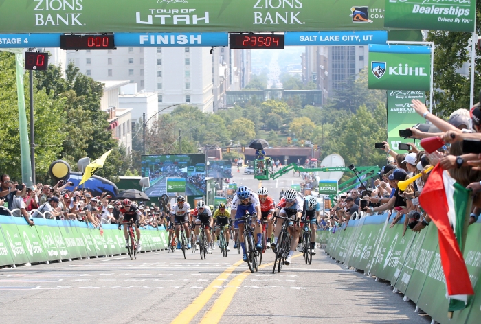 Photo finish.  2018 Tour of Utah Stage 4, August 8, 2018, Salt Lake City, Utah. Photo by Cathy Fegan-Kim, cottonsoxphotography.net