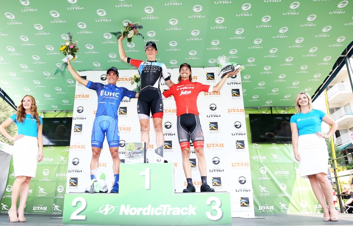 Stage 4 podium. 2018 Tour of Utah Stage 4, August 8, 2018, Salt Lake City, Utah. Photo by Cathy Fegan-Kim, cottonsoxphotography.net