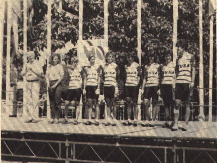 A picture of our team (USA) at the team presentation, 1988. From left, Tdf personnel, team manager Paula Andros, Betsy King, Laura Howat, Linda Brennaman, Laura Charameda, Annie Sirotniak, Susan Yeaton and ?.