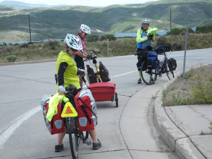 The overnighter group above Park City getting ready to descend to Hwy 40 at the Mayflower Exit. The Jordanelle Reservoir is in the background.