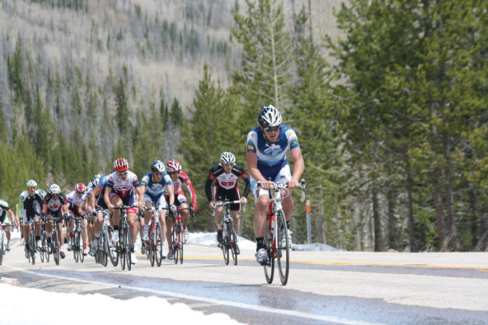 The Men's Pro 1-2 Cyclists approach the Snowline, halfway point of the High Uintas road Race
