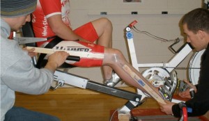 A cyclist being tested on the eccentric cycle ergometer.