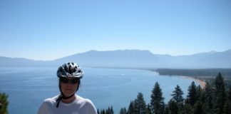 Overnight Tandem Bike Touring in the Reno-Tahoe Area Lynda with Lake Tahoe in the background.