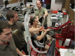 A cyclist being tested on the eccentric cycle ergometer.