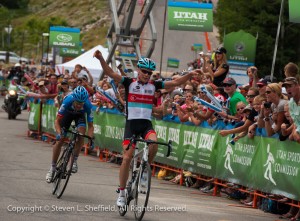 Chris Horner takes stage 5 of the 2013 Tour of Utah by outsprinting Tom Danielson. Photo: Steven Sheffield.