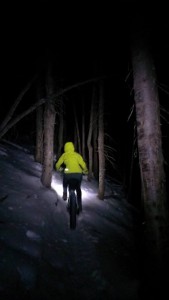 Wasatch Crest Kaitlin Barklow rides Wasatch Crest Trail in the snow at night.
