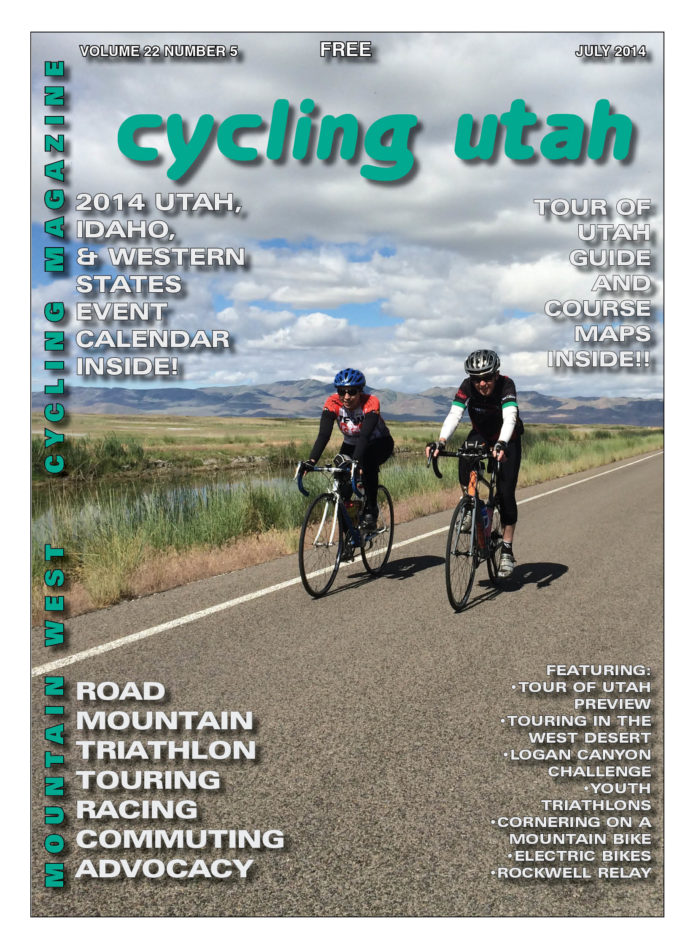 Cycling Utah's July 2014 Cover Photo: Two riders on the beautiful roads of the Bear Lake National Wildlife Refuge during the Tour de Cure on June 14, 2014. Photo by Dave Iltis