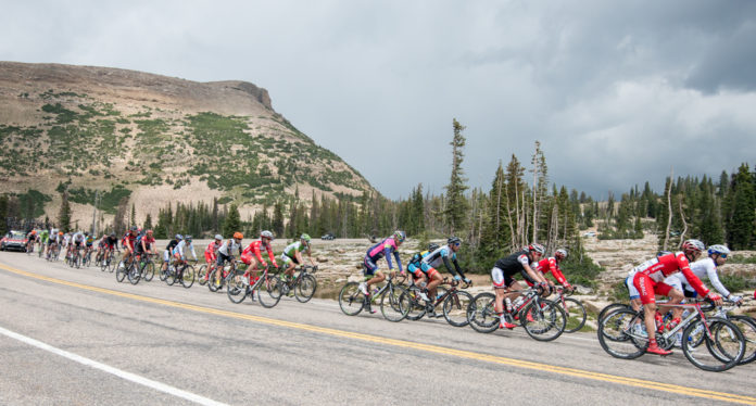 The peloton chases the break down Bald Mountain Pass in stage 5 of the 2014 Tour of Utah. Photo by Dave Richards, daverphoto.com