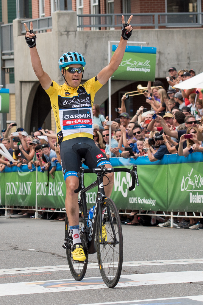 Tom Danielson rolls across the finish line in fifth place on the day, but in first place overall. Photo by Dave Richards, daverphoto.com