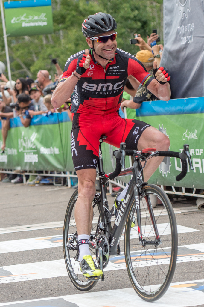 Cadel Evans winning and grinning on stage 6 of the 2014 Tour of Utah. Evans outsprinted his breakaway companions to win at Snowbird. Photo by Dave Richards, daverphoto.com