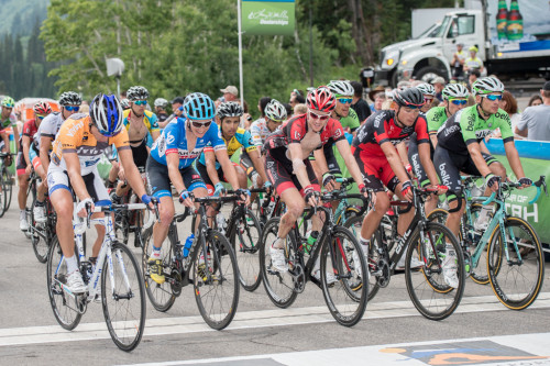 The remainder of the peloton crosses the finish line at Snowbird in stage 6 of the 2014 Tour of Utah. Photo by Dave Richards, daverphoto.com