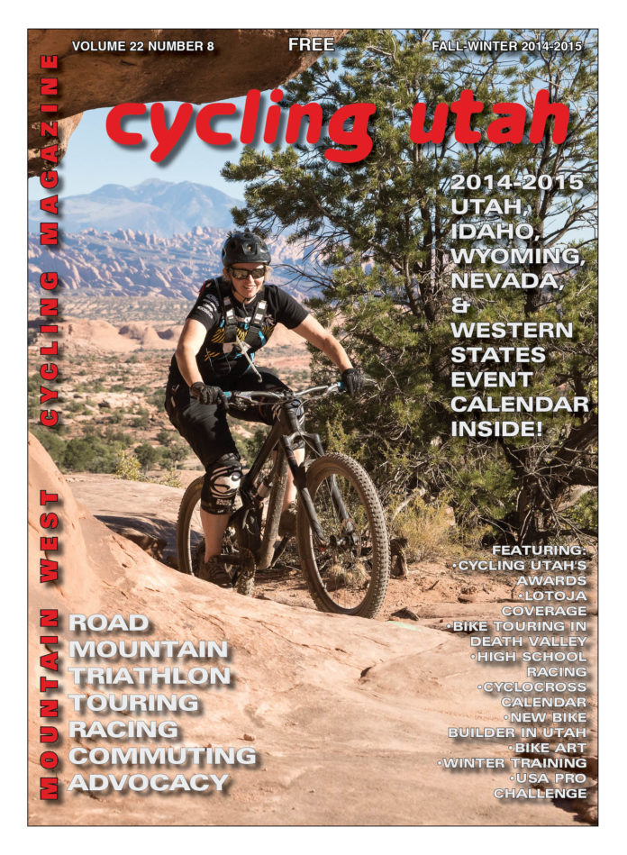 Cover Photo: Chantal Felten, visiting from Whistler, BC, shown here pedaling up Great Escape, part of the new Magnificent 7 (a.k.a. Mag 7) trail system in Moab. Photo by John Shafer, photo-john.net