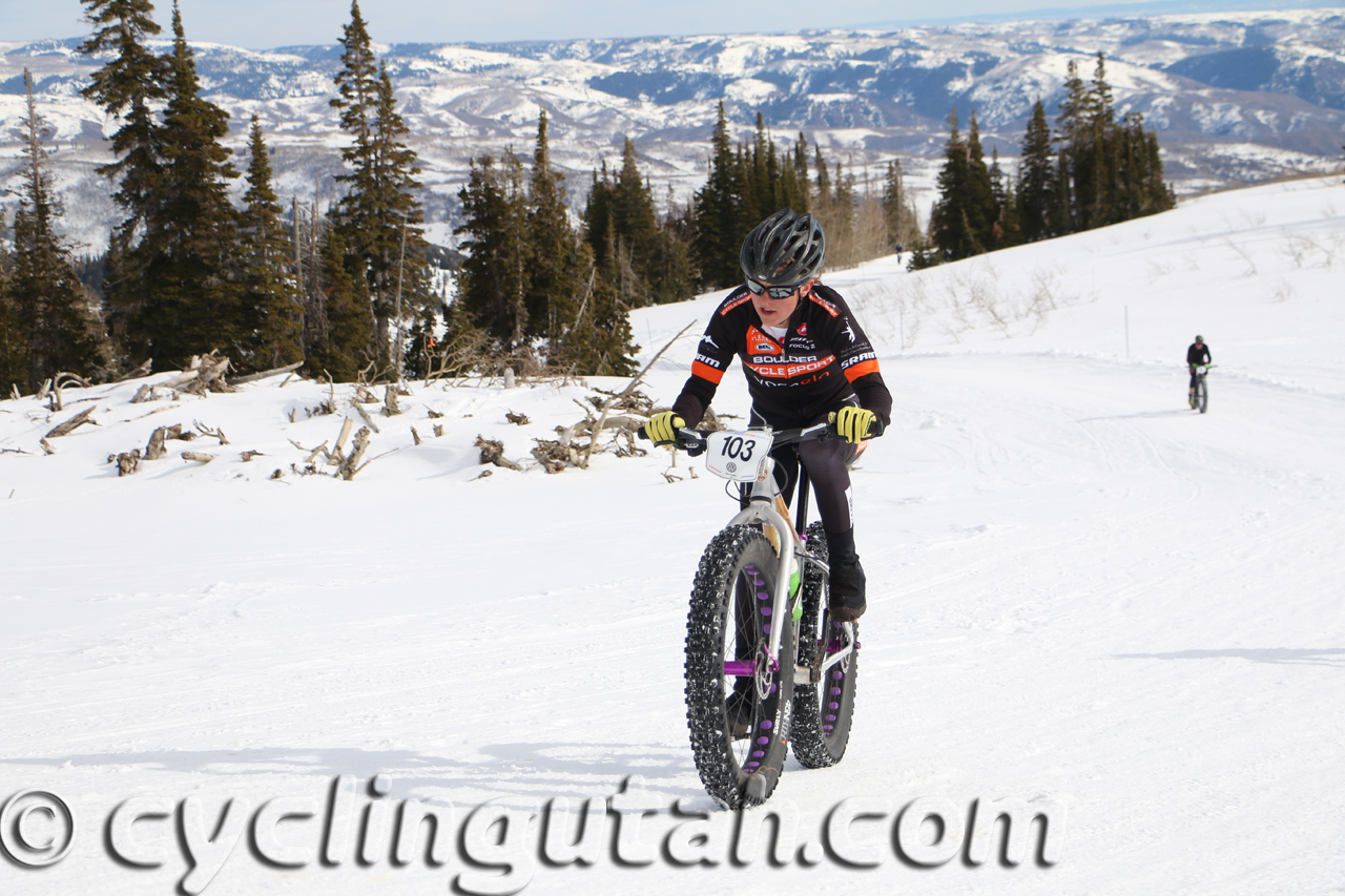 Amanda Miller winning the pro Fat Bike National Championship at Powder Mountain on February 14, 2015. Photo by Dave Iltis