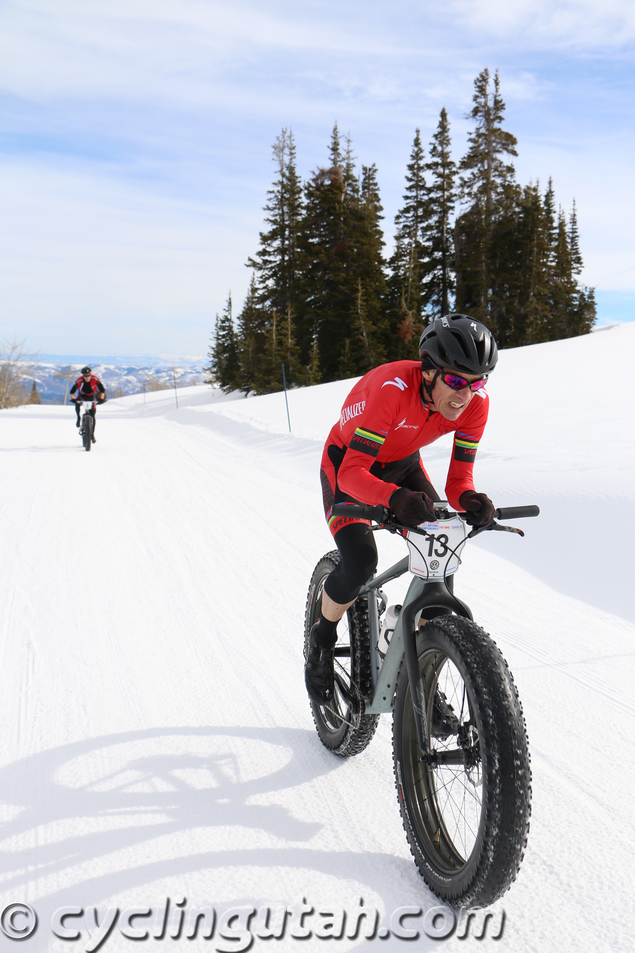Ned Overend in the midst of a devastating last lap attack on his way to winning the pro Fat Bike National Championship at Powder Mountain on February 14, 2015. Photo by Dave Iltis
