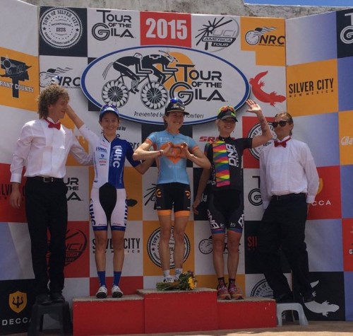Gila Monster Stage 5 podium: 1st place was Mara Abbott (guest for Amy D Foundation), 2nd Katie Hall (UHC), 3rd Breanne Nalder DNA Cycling K4 Racing. Photo by Sarai Snyder