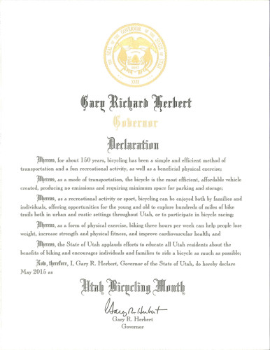 Governor Gary Herbert has declared May 2015 as Bike Month.