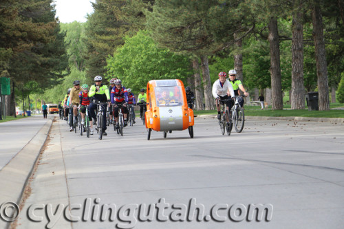 Roger Crandall rides his solar assisted ELF in the Salt Lake Mayor's Bike to Work Day. Photo by Dave Iltis