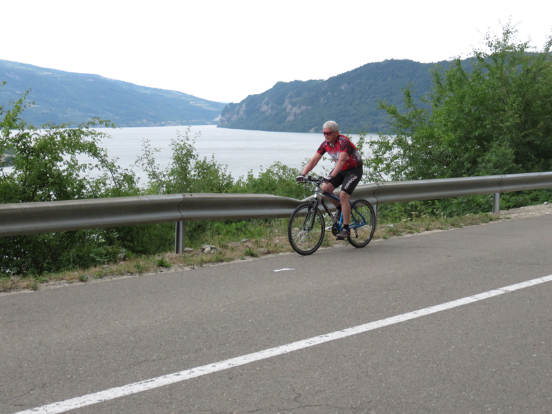 Utah bicycle rider along Danube in Serbia