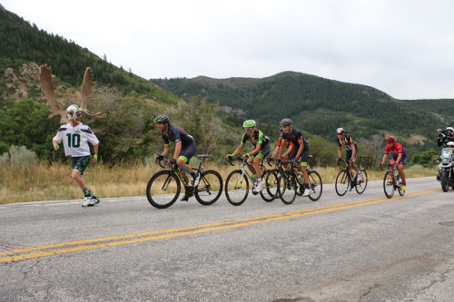 Super Fan Dore Holte and the break on North Ogden Divide in Stage 3 of the 2015 Tour of Utah. Photo by Dave Iltis