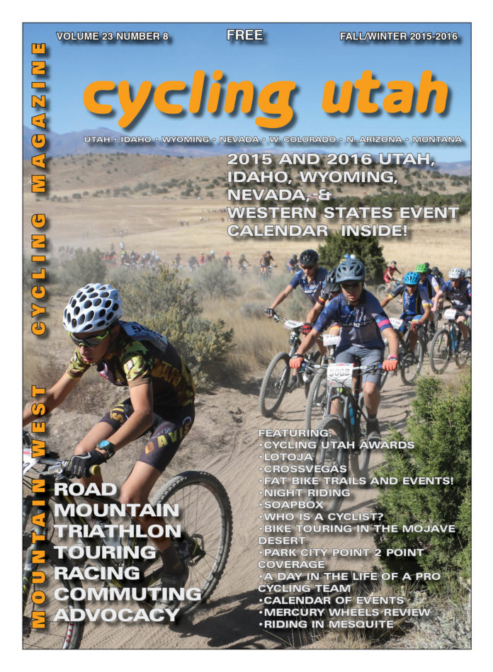 Van Higley (front left) and Ian Johnson (5068) and the Boys Division 1 Sophomore field of the Utah High School Mountain Bike League race at Eagle Mountain on October 10, 2015. The race saw over 1000 kids participate. For more information, visit utahmtb.org Cover Photo: Photo by Dave Iltis