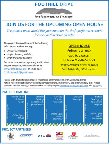 The second Foothill Drive planning open house will be on February 2, 2016 from 5-7 pm at Hillside Middle School 1825 S Nevada Street (2330 East) Salt Lake City, Utah, 84108